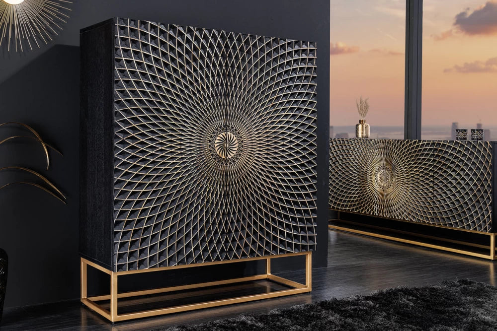 Dulap din Lemn de mango Negru si Metal Auriu L100xH120cm ILLUSION