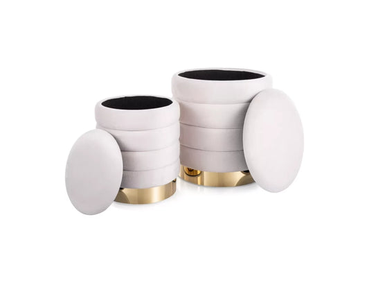 Set 2 tabureti cu spatiu depozitare tapitat cu Catifea Bej D30/40xH38/45cm Britta