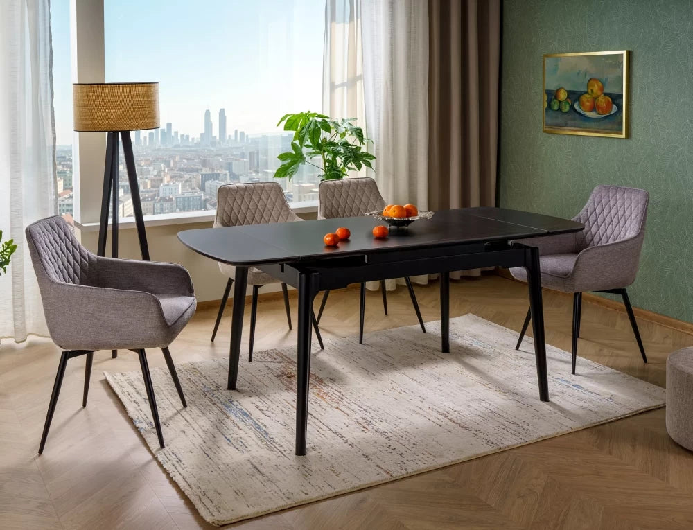 Masa extensibila cu blat din Ceramica cu efect de marmura Negru mat cu picioare din Lemn Negru mat L120-180cm Sento