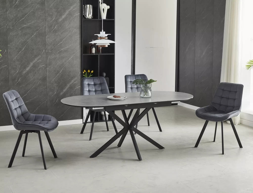 Masa extensibila cu blat din Ceramica Gri mat cu picioare din Metal Negru mat L140-180cm Gaston