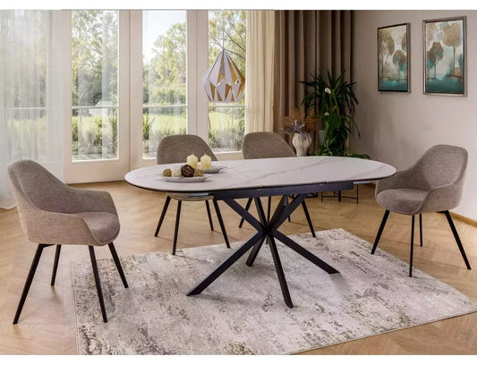 Masa extensibila cu blat din Ceramica Alb mat cu picioare din Metal Negru mat L140-180cm Gaston