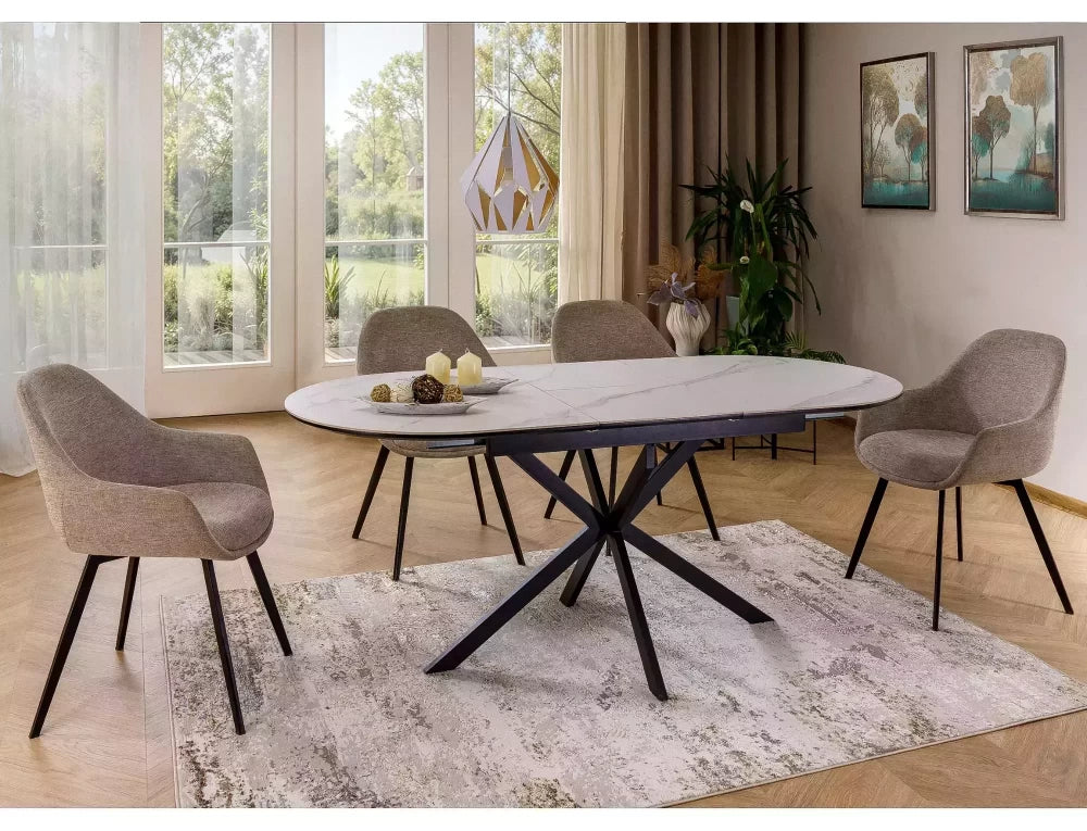 Masa extensibila cu blat din Ceramica Alb mat cu picioare din Metal Negru mat L140-180cm Gaston