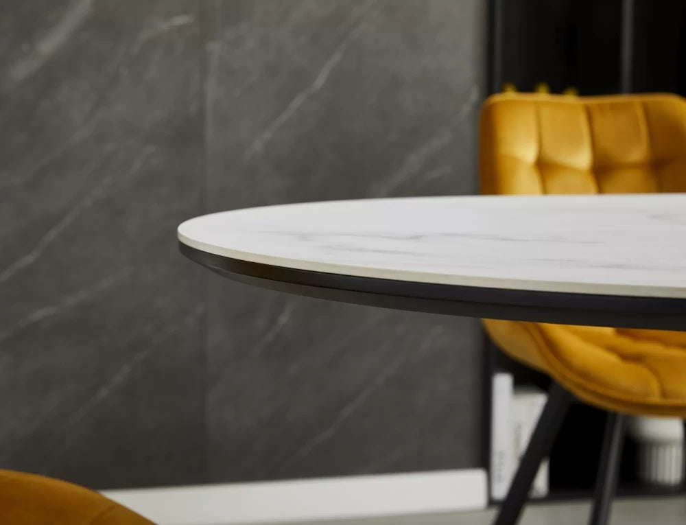 Masa extensibila cu blat din Ceramica Alb mat cu picioare din Metal Negru mat L140-180cm Gaston