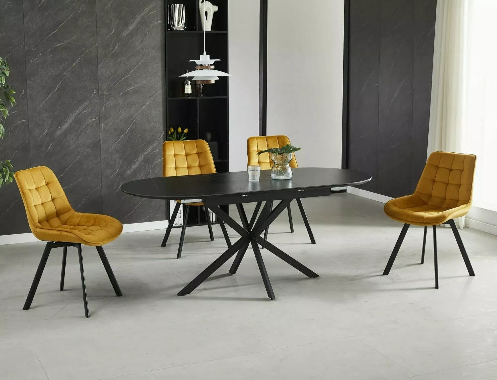 Masa extensibila cu blat din Ceramica Negru mat cu picioare din Metal Negru mat L140-180cm Gaston
