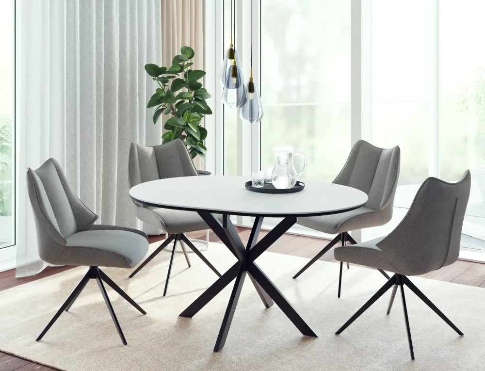 Masa extensibila cu blat din Ceramica Alb mat cu picioare din Metal Negru mat L100-135cm Gaston