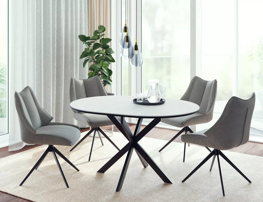 Masa extensibila cu blat din Ceramica Alb mat cu picioare din Metal Negru mat L100-135cm Gaston