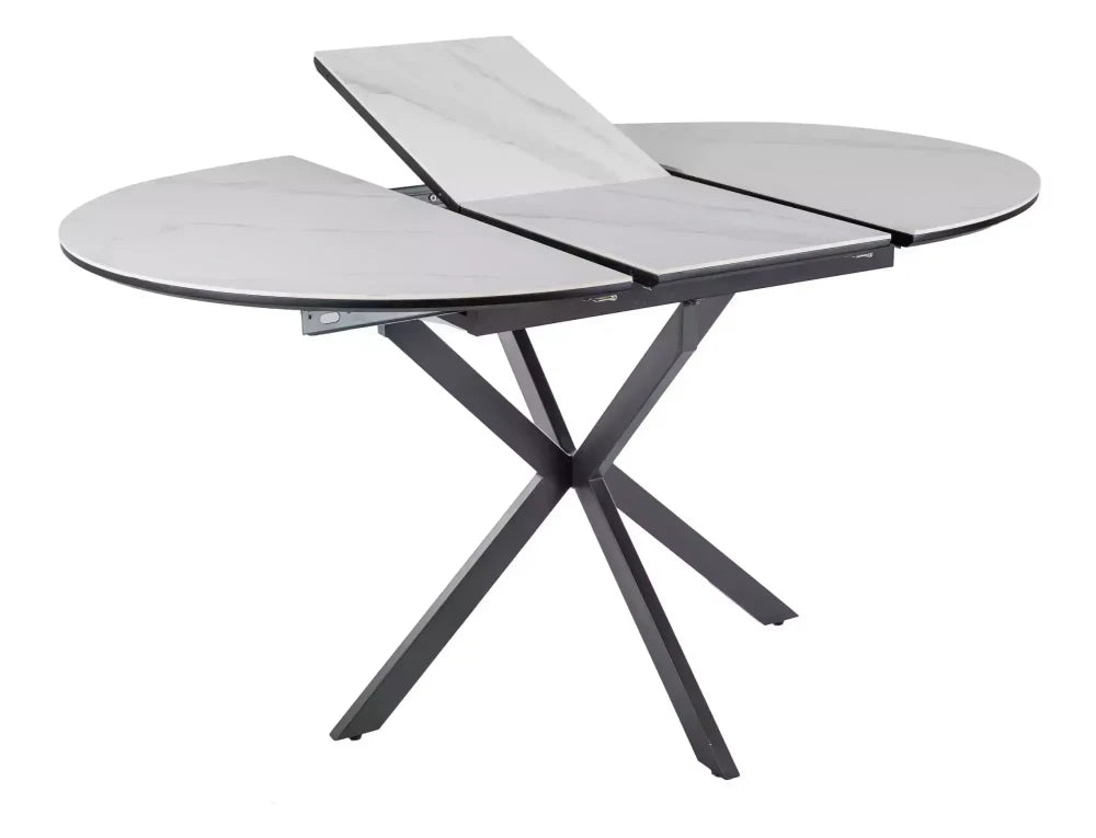 Masa extensibila cu blat din Ceramica Alb mat cu picioare din Metal Negru mat L100-135cm Gaston
