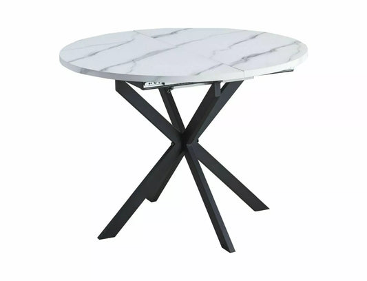 Masa extensibila cu blat din MDF Alb cu efect de marmura cu picioare din Metal Negru mat L100-135cm Gaston