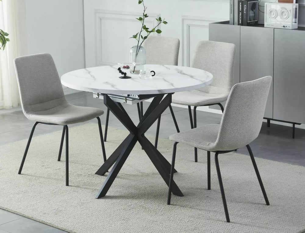 Masa extensibila cu blat din MDF Alb cu efect de marmura cu picioare din Metal Negru mat L100-135cm Gaston