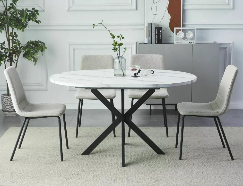 Masa extensibila cu blat din MDF Alb cu efect de marmura cu picioare din Metal Negru mat L100-135cm Gaston