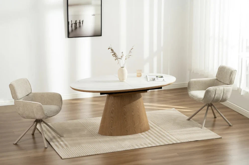 Masa extensibila din Ceramica cu efect de Marmura si Furnir de stejar L160-200xH76cm Unique