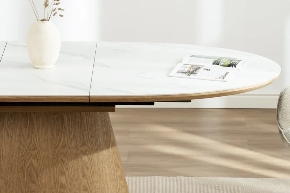 Masa extensibila din Ceramica cu efect de Marmura si Furnir de stejar L160-200xH76cm Unique