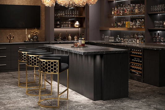 Scaun de bar din Catifea Negru si Otel inoxidabil Auriu Hx88Lx58xA50cm Elegance