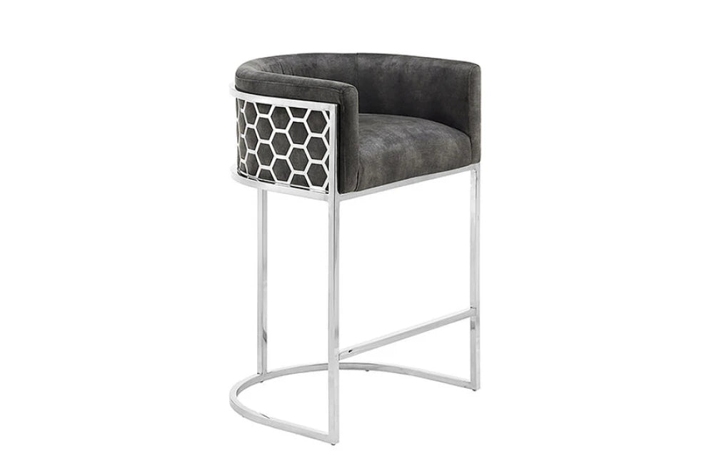 Scaun de bar din Catifea Gri si Otel inoxidabil Argintiu Hx88Lx58xA50cm Elegance