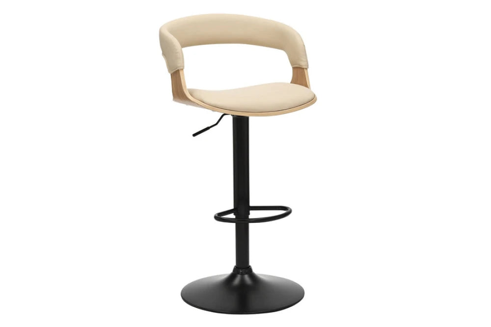 Scaun de bar rotativ cu inaltime reglabila din Piele artificiala Bej si Metal/Furnir de stejar Negru/Maro Hx81-110Lx51xA50cm Manhattan