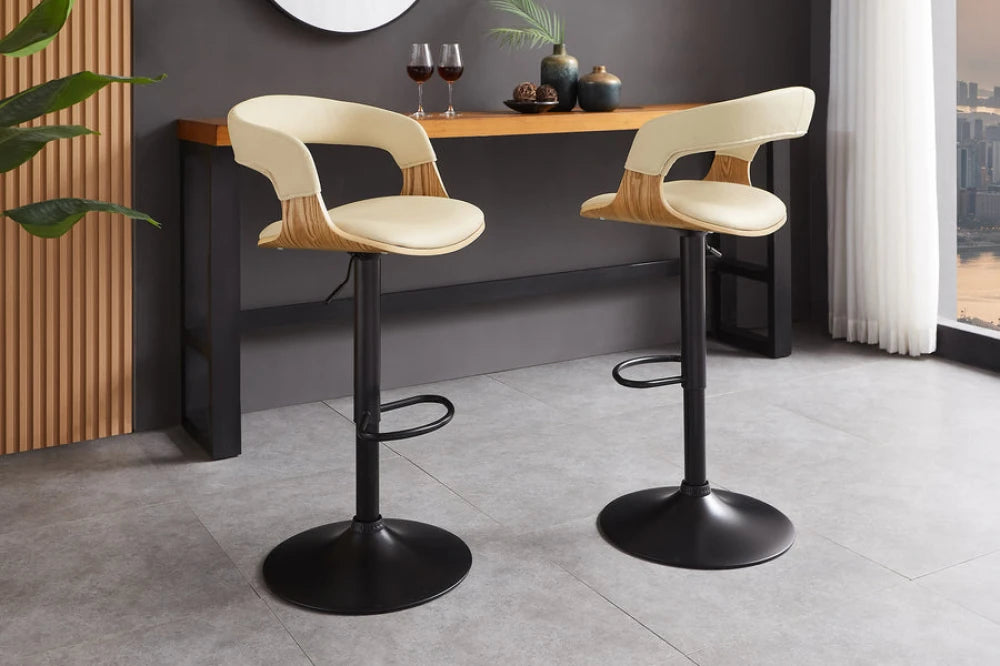 Scaun de bar rotativ cu inaltime reglabila din Piele artificiala Bej si Metal/Furnir de stejar Negru/Maro Hx81-110Lx51xA50cm Manhattan