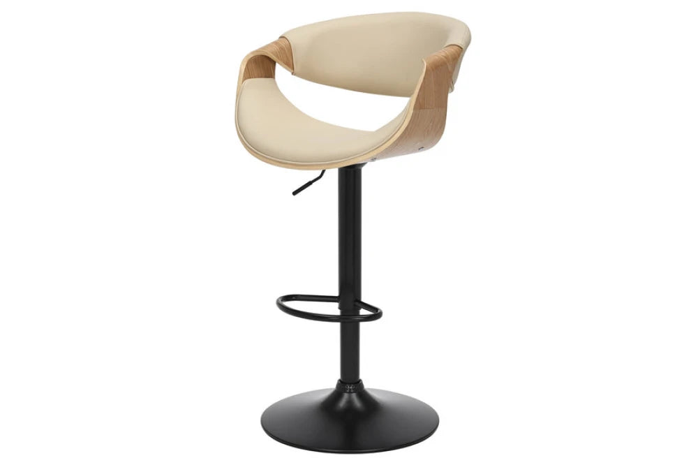 Scaun de bar rotativ cu inaltime reglabila din Piele artificiala Bej si Metal/Furnir de stejar Negru/Maro Hx89-110Lx52xA53cm Organic