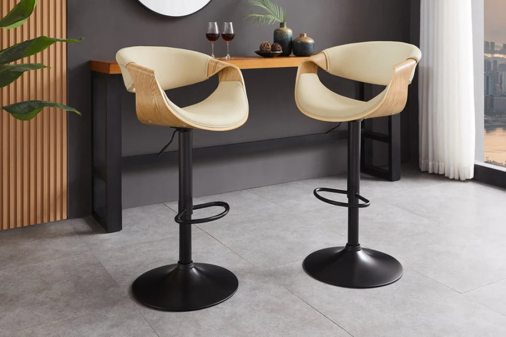 Scaun de bar rotativ cu inaltime reglabila din Piele artificiala Bej si Metal/Furnir de stejar Negru/Maro Hx89-110Lx52xA53cm Organic