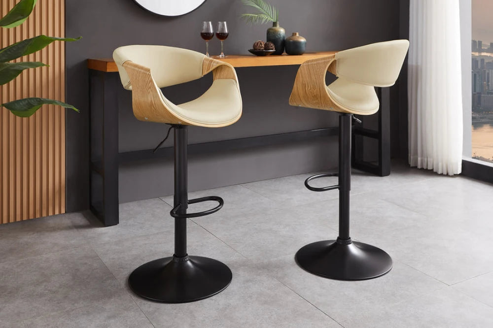 Scaun de bar rotativ cu inaltime reglabila din Piele artificiala Bej si Metal/Furnir de stejar Negru/Maro Hx89-110Lx52xA53cm Organic