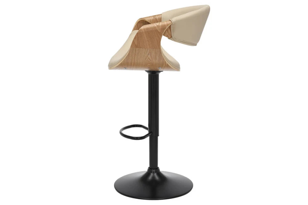 Scaun de bar rotativ cu inaltime reglabila din Piele artificiala Bej si Metal/Furnir de stejar Negru/Maro Hx89-110Lx52xA53cm Organic