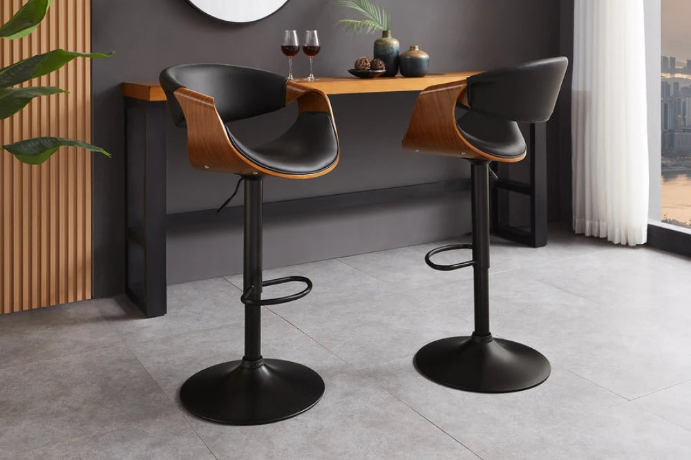 Scaun de bar rotativ cu inaltime reglabila din Piele artificiala Negru si Metal/Furnir de nuc Negru/Maro Hx89-110Lx52xA53cm Organic