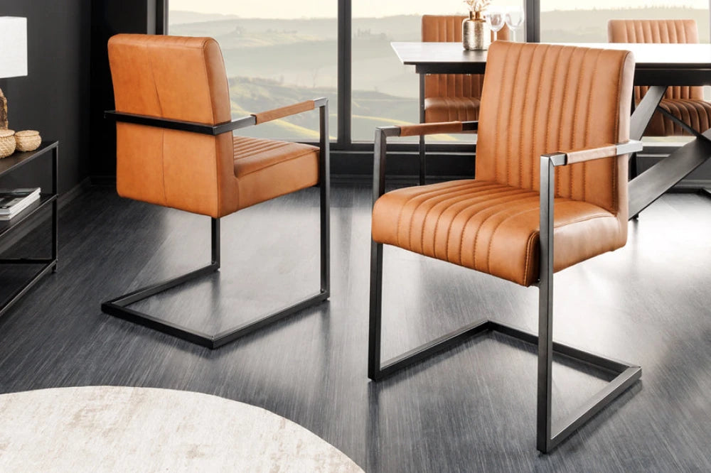 Scaun din Piele Maro cognac si Metal Negru Hx88Lx55xA63cm Big Aston