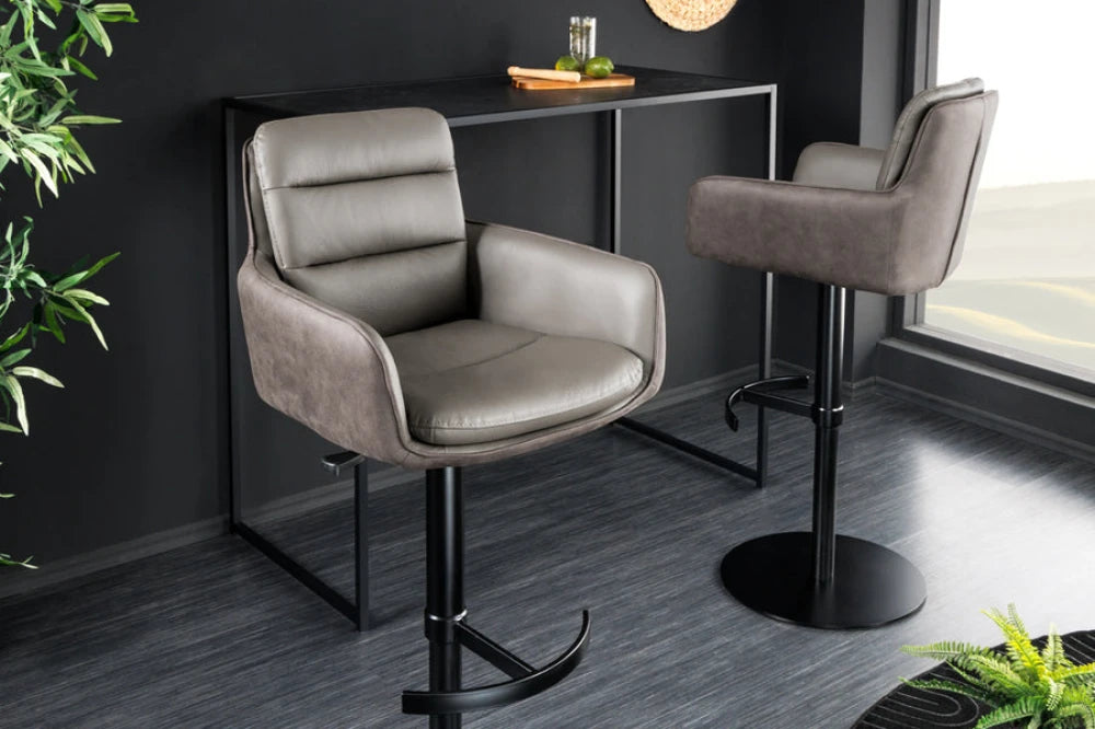 Scaun de bar rotativ cu inaltime reglabila din Piele natura/Microfibra Maro taupe si Metal Negru Hx94-114Lx53xA66cm Big George