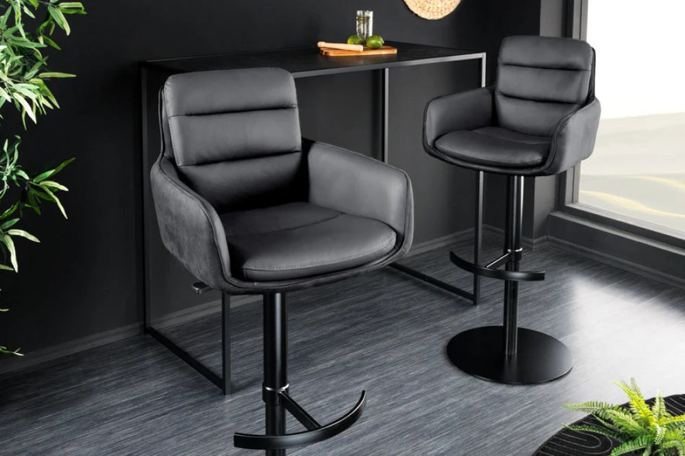 Scaun de bar rotativ cu inaltime reglabila din Piele natura/Microfibra Gri antracit si Metal Negru Hx94-114Lx53xA66cm Big George