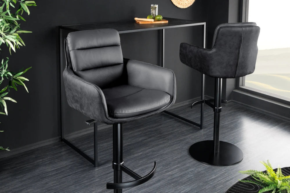 Scaun de bar rotativ cu inaltime reglabila din Piele natura/Microfibra Gri antracit si Metal Negru Hx94-114Lx53xA66cm Big George