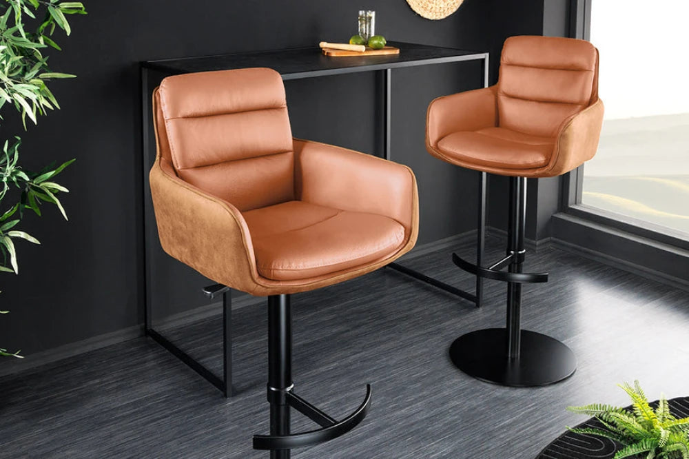 Scaun de bar rotativ cu inaltime reglabila din Piele natura/Microfibra Gri antracit si Metal Negru Hx94-114Lx53xA66cm Big George