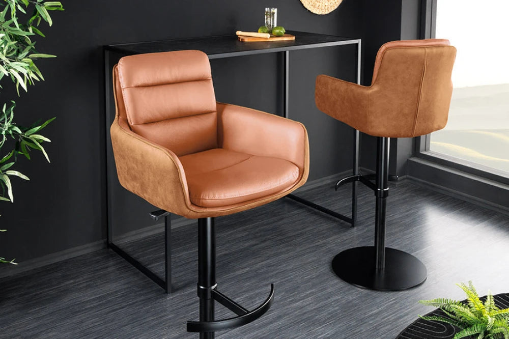 Scaun de bar rotativ cu inaltime reglabila din Piele natura/Microfibra Gri antracit si Metal Negru Hx94-114Lx53xA66cm Big George