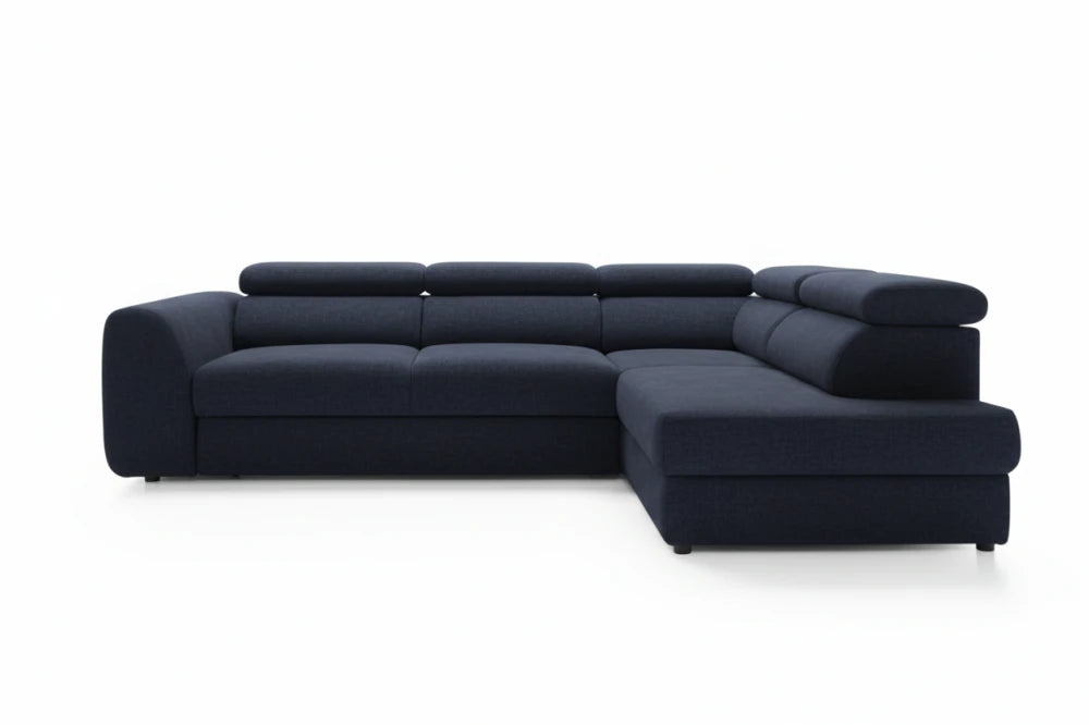 Colțar extensibil albastru Bergamo L Maxi cu ladă depozitare – 285 × 207 cm