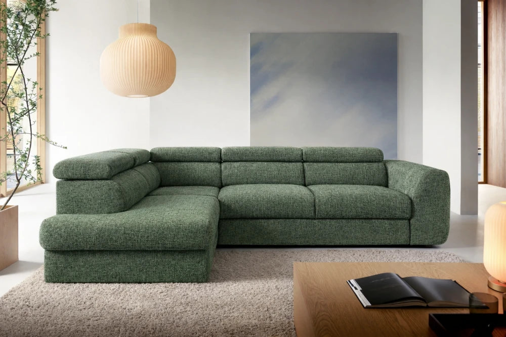 Coltar extensibil chennile verde cu lada depozitare Bergamo L Maxi – 285 × 207 cm