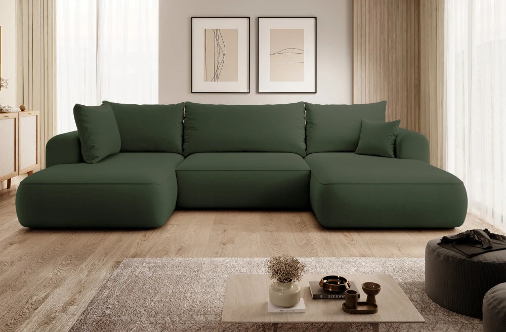 Coltar extensibil catifea verde cu lada depozitare Nubio III 364x159cm