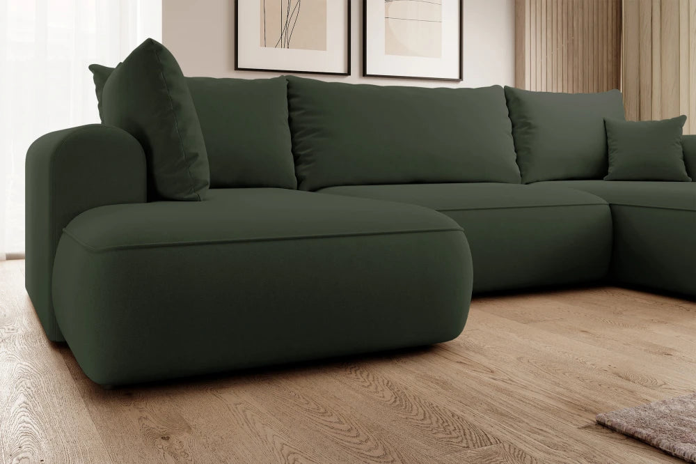 Coltar extensibil catifea verde cu lada depozitare Nubio III 364x159cm