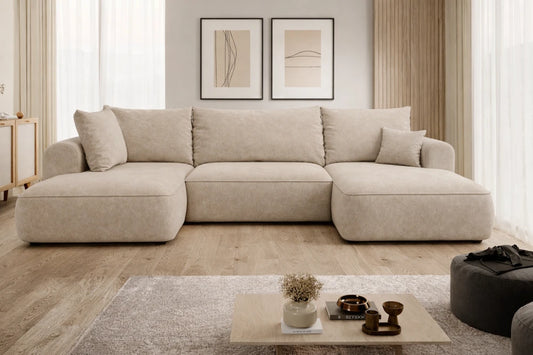 Coltar extensibil catifea crem cu lada depozitare Nubio III 364x159cm