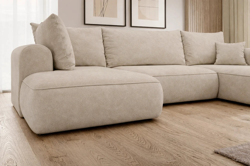 Coltar extensibil catifea crem cu lada depozitare Nubio III 364x159cm