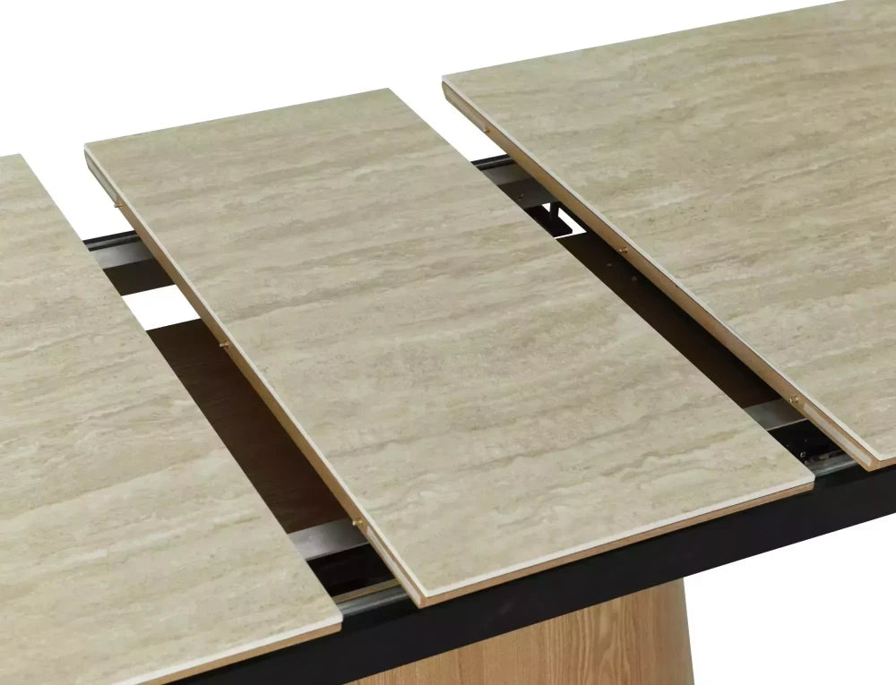 Masa extensibila din Ceramica Bej cu efect de travertin si MDF+Furnir de nuc Maro L160-200xH75cm Monaco