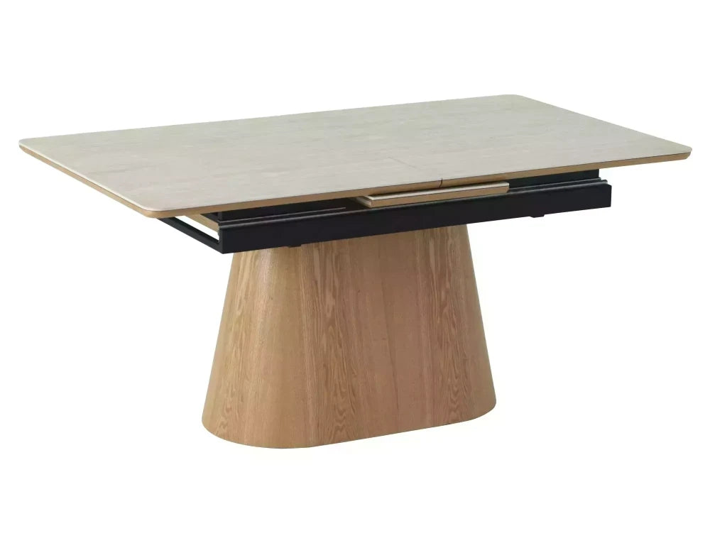 Masa extensibila din Ceramica Bej cu efect de travertin si MDF+Furnir de nuc Maro L160-200xH75cm Monaco
