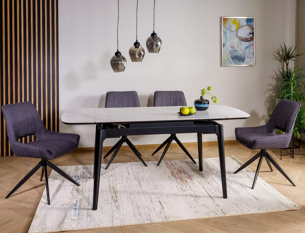 Masa extensibila din Ceramica Alb lucios si Lemn Negru mat L120-180xH75cm Sento