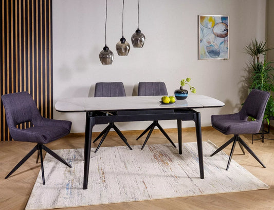 Masa extensibila din Ceramica Alb lucios si Lemn Negru mat L120-180xH75cm Sento