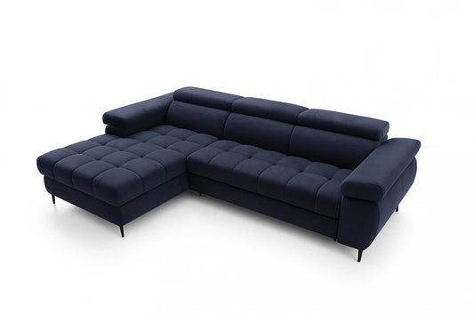 Coltar extensibil si spatiu depozitare din catifea albastru Ferruce I L276 x 174cm