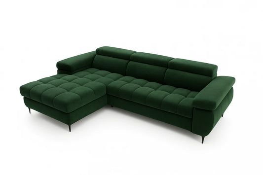 Coltar extensibil si spatiu depozitare din catifea verde Ferruce I L276 x 174cm
