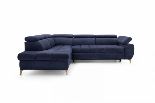 Coltar extensibil si spatiu depozitare din catifea albastru Ferruce II L272 x 202cm