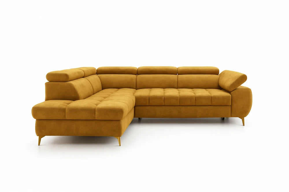 Coltar extensibil si spatiu depozitare din catifea galben Ferruce II L272 x 202cm