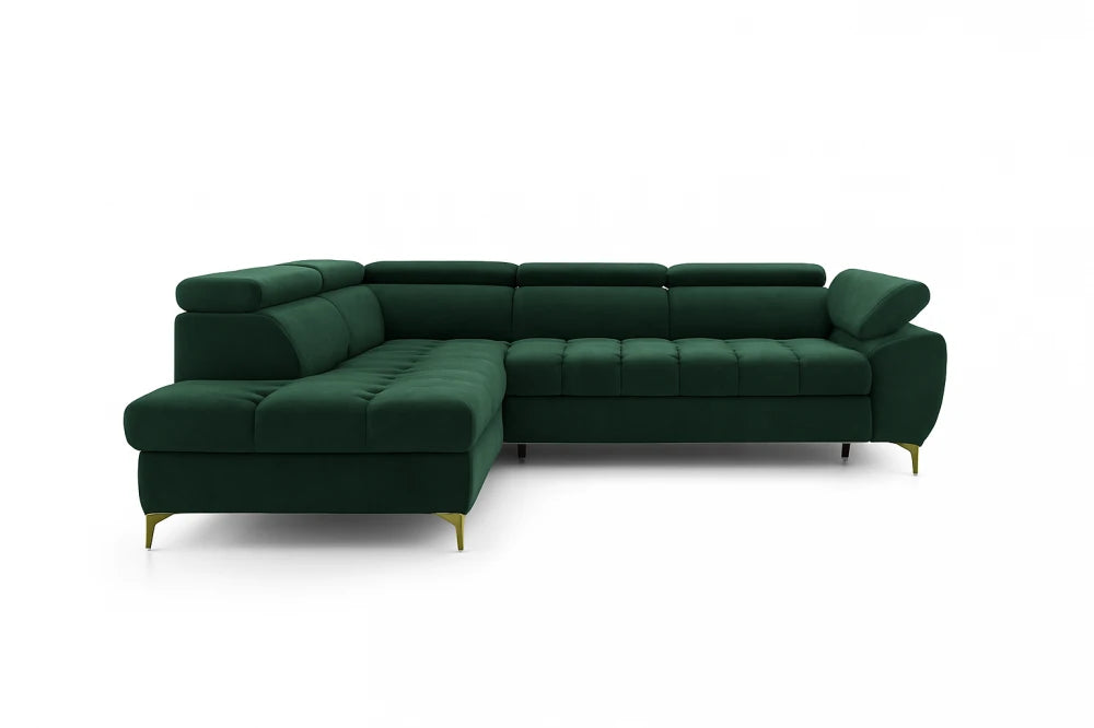 Coltar extensibil si spatiu depozitare din catifea verde Ferruce II L272 x 202cm