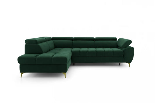 Coltar extensibil si spatiu depozitare din catifea verde Ferruce II L272 x 202cm