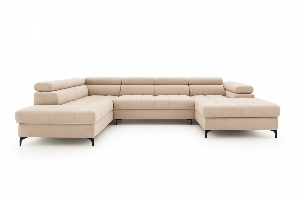 Coltar extensibil in forma de U si spatiu depozitare din catifea bej Ferruce III L344 x 202cm