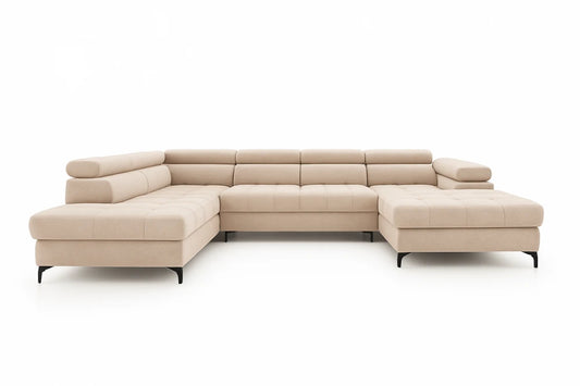 Coltar extensibil in forma de U si spatiu depozitare din catifea bej Ferruce III L344 x 202cm