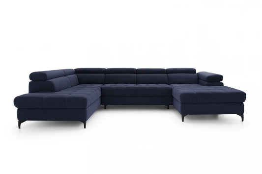 Coltar extensibil in forma de U si spatiu depozitare din catifea albastru Ferruce III L344 x 202cm